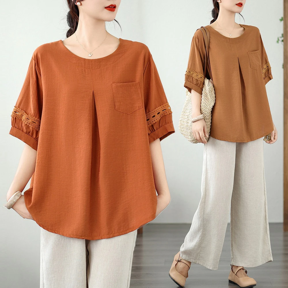 大码纯色圆领短袖T恤女妈妈装夏季薄款宽松显瘦t恤衬衫休闲上衣