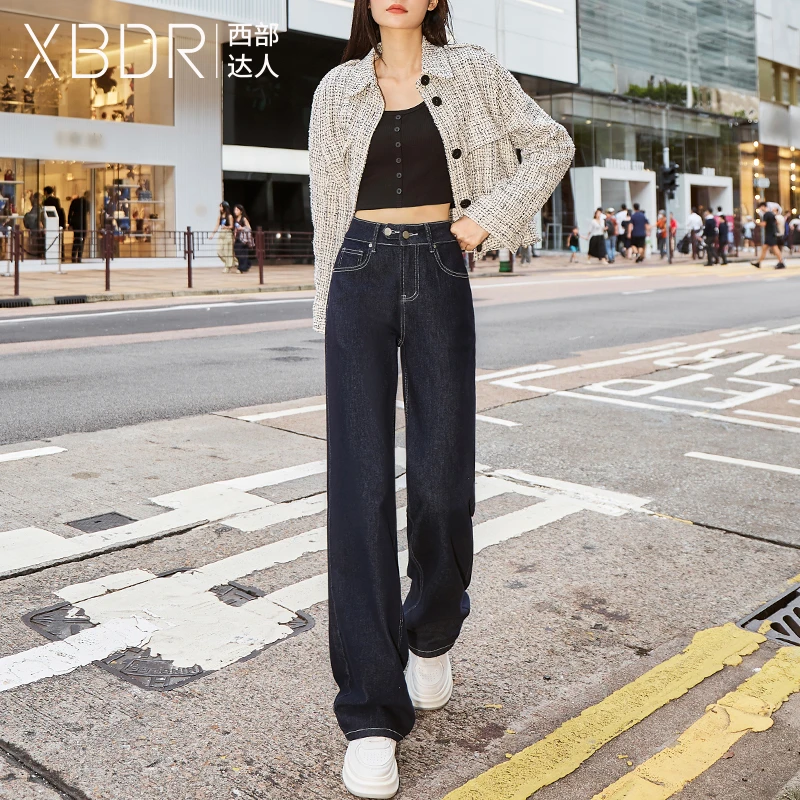 不易掉色深蓝色窄版阔腿加绒牛仔裤女2025秋冬新款弹力垂感直筒裤