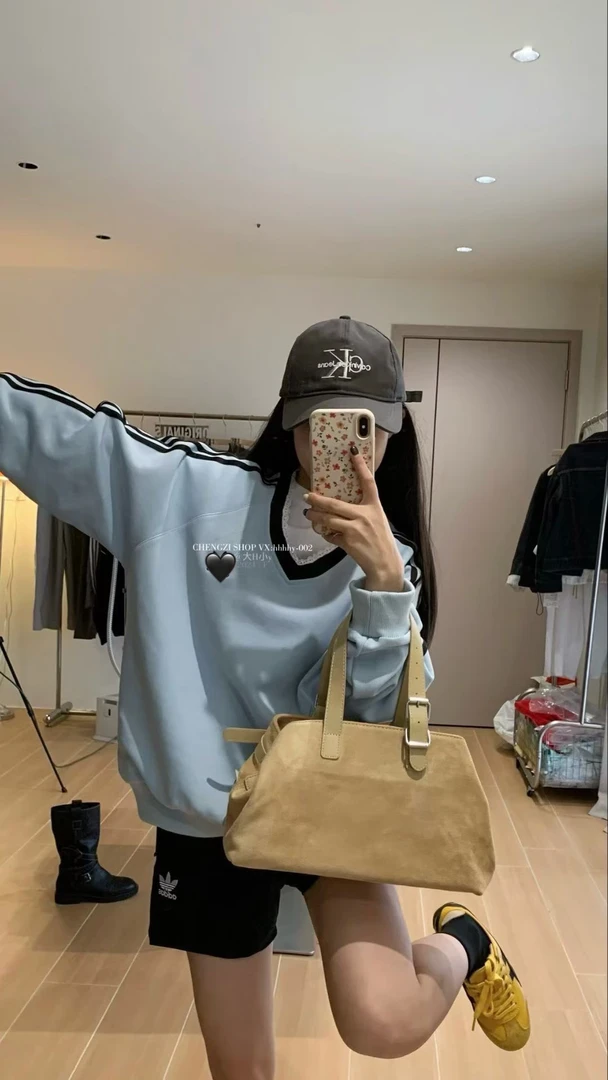 拼色V领蕾丝拼接女INS风薄款长袖卫衣长款