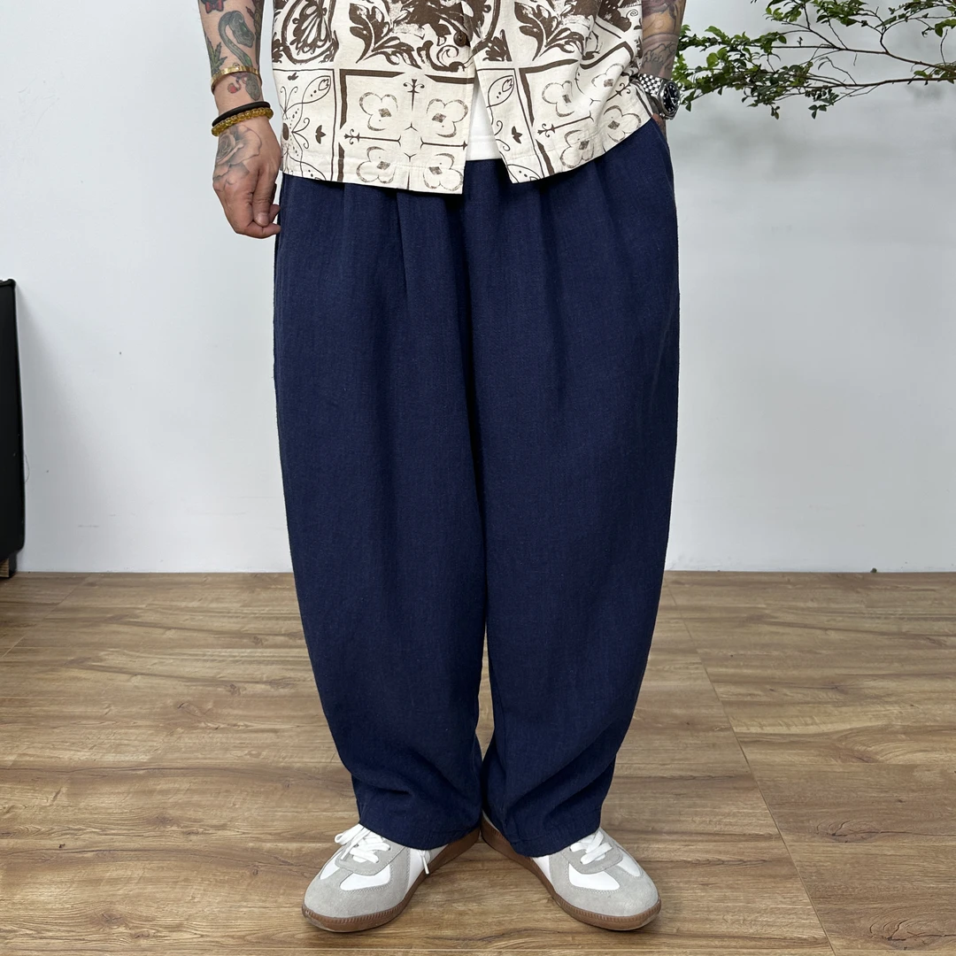 夏季清凉高级感亚麻老爹裤宽松慵懒风长裤复古文艺男士休闲裤