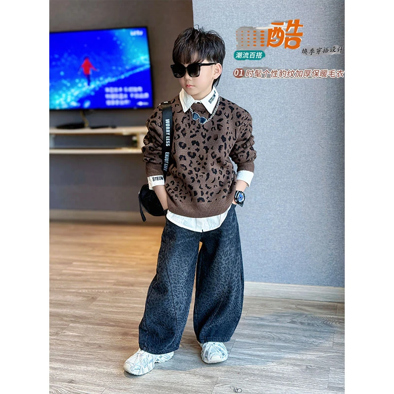 男童新款冬季保暖圆领长袖针织衫美式复古豹纹提花毛衣休闲儿童