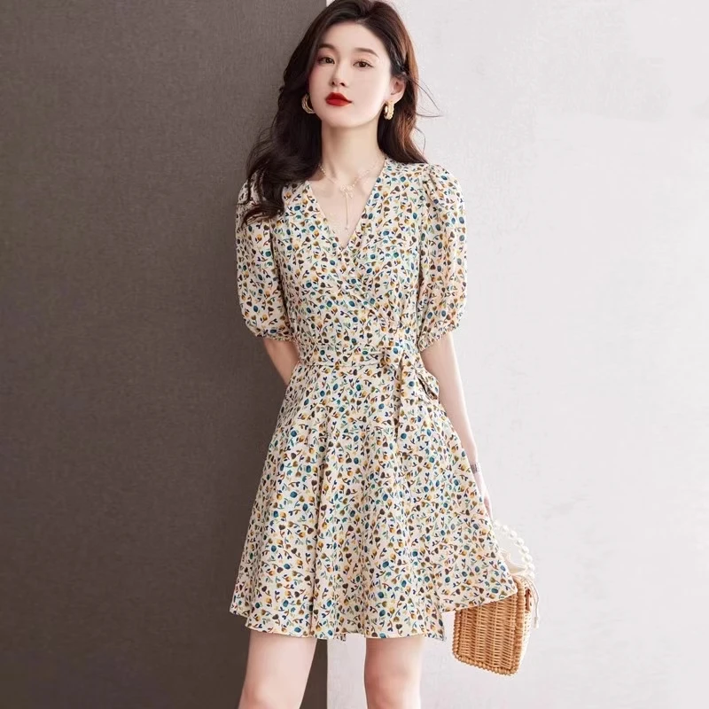 苏陌碎花v领系带连衣裙雪纺碎花新款夏气质小个子高端女裙子