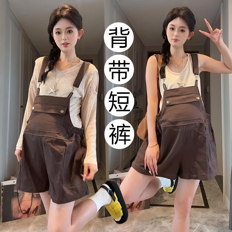 夏天孕妇背带短裤网红时尚宽松显瘦休闲长袖防晒衫两件套装辣妈