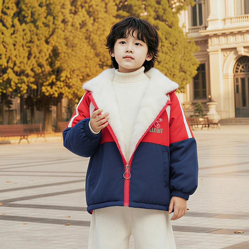 男童加绒加厚外套冬季新款中大童时髦洋气上衣女童棉服舒适连帽