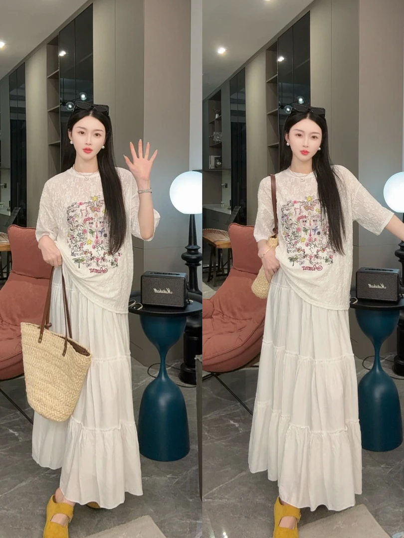 【安盈】孕妇装2025夏季新品韩版蕾丝印花上衣+猪鼻扣半身裙孕妇套