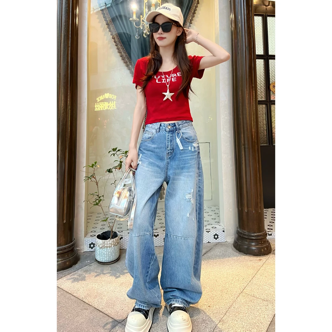 【雪花破洞】美式水洗浅蓝中高腰宽松秋季破洞阔腿女牛仔裤显瘦百搭