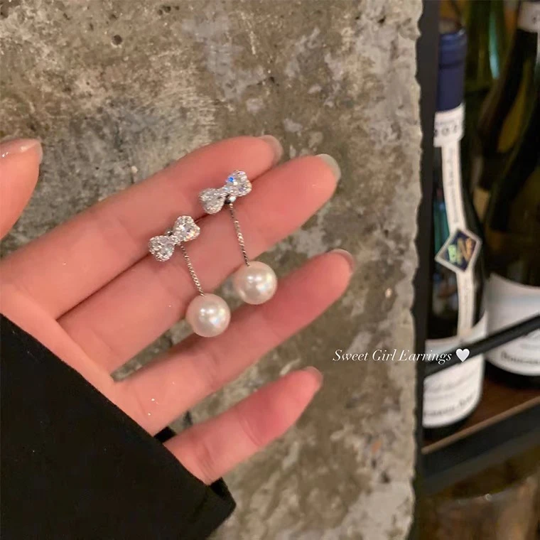 芒果饰品 铜合金合成锆石耳饰 韩系闪锆蝴蝶结流苏珍珠耳环两戴