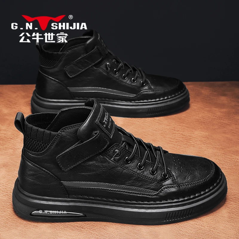 公牛世家男鞋马丁靴2025新款高帮板鞋男春秋黑色运动休闲百搭皮鞋