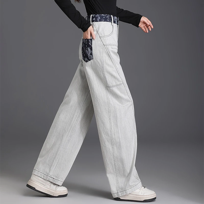 2025新款浅色灰白灯笼裤牛仔裤女春秋大码时尚百搭高腰哈伦长裤子