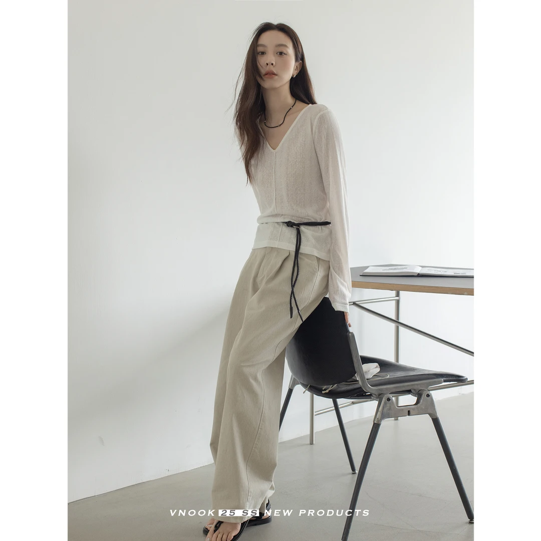 vnook苎麻人棉针织V领长袖T恤女春夏2025新款微宽松薄款防晒上衣