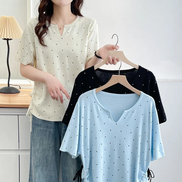 针织衫上衣女胖mm短袖2025夏季新款大码时尚v领两侧抽绳波点半袖