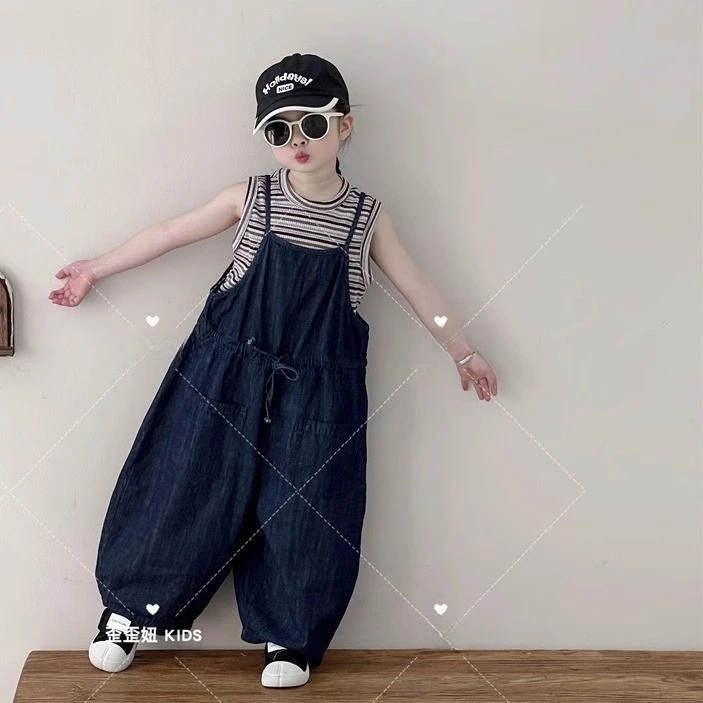 【歪歪妞童装】25140男女童宝宝复古森系宽松牛仔背带裤男女童春夏