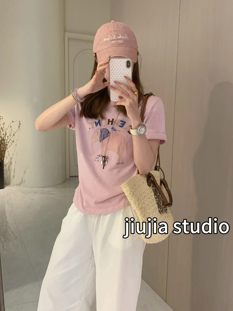 九佳 【elephant】刺绣时尚休闲小象宽松圆领纯色韩版短袖T恤