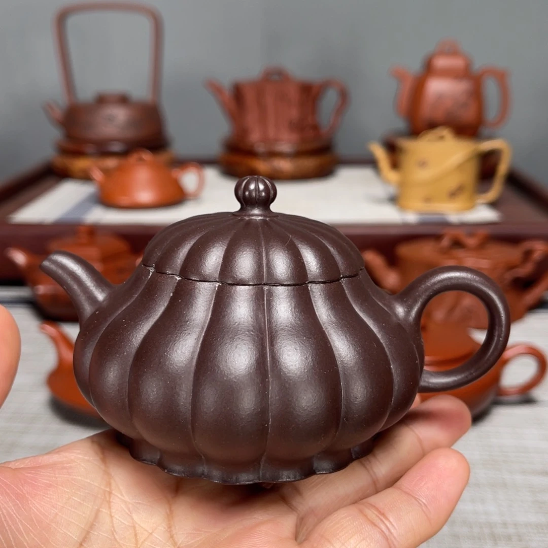 紫砂茶壶叶*，筋纹菊瓣紫泥