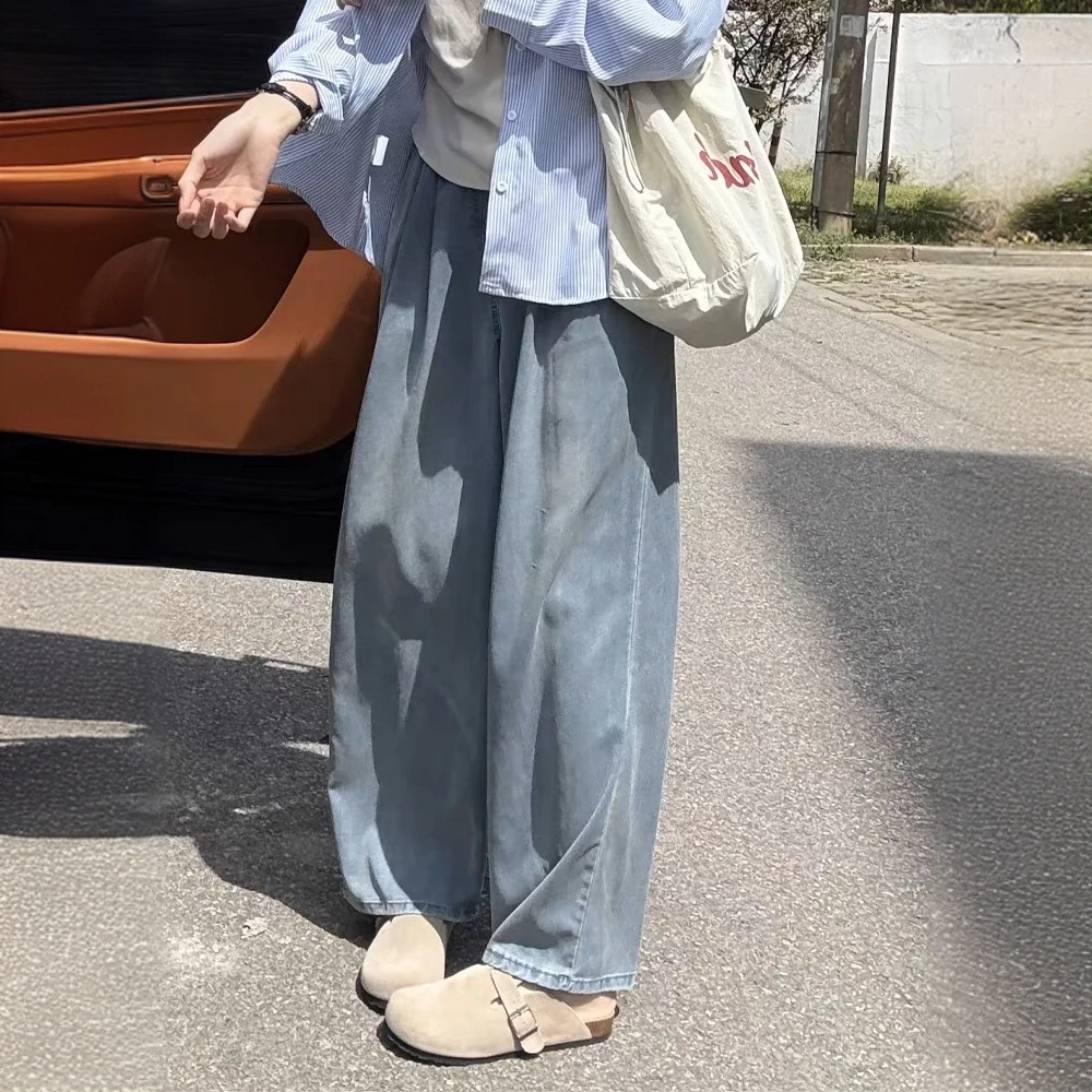 蓝色柔软天丝牛仔裤女2025夏季薄款松紧腰宽松显瘦垂感阔腿长裤子