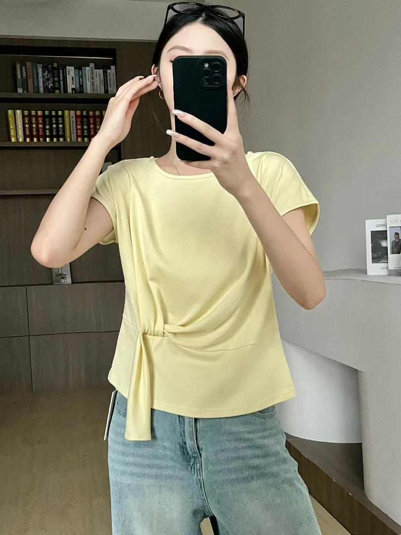 夏季时尚短袖显瘦甜美可爱风格衣服休闲开叉简约纯色圆领气质百搭