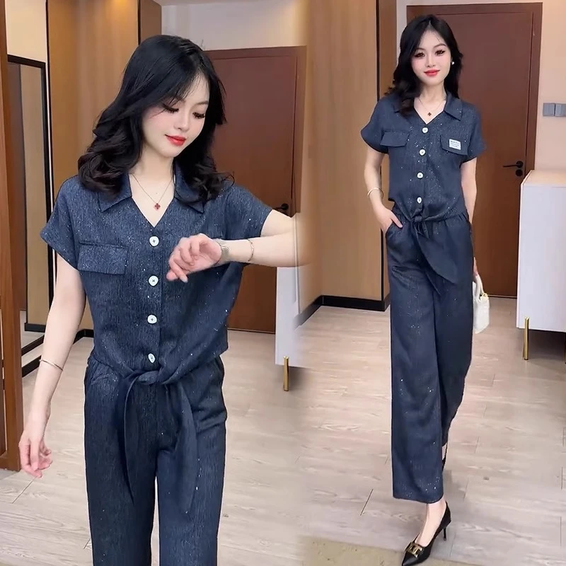 时尚套装女2025夏季新款洋气显瘦减龄百搭短袖衬衫阔腿裤两件套潮