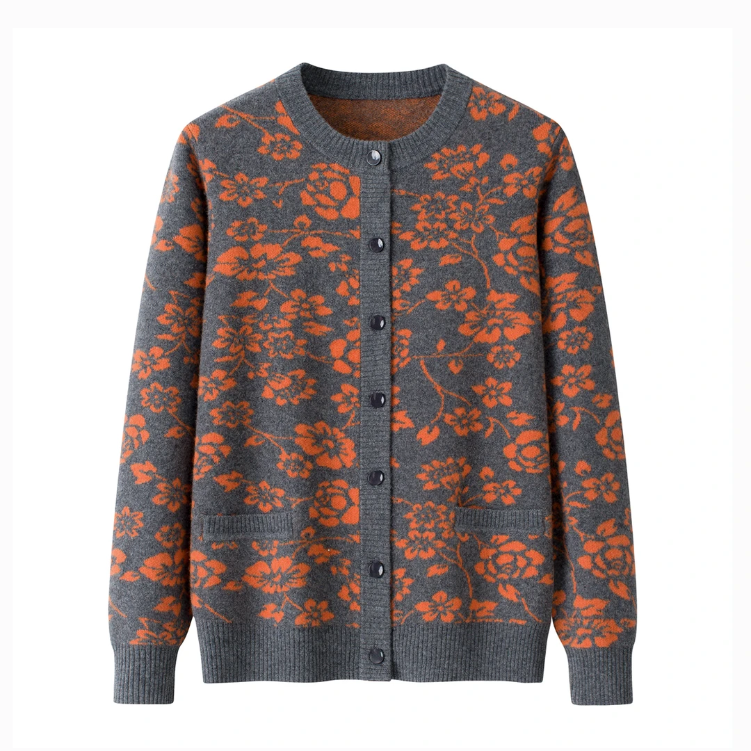 中老年女装2025秋冬新款提花加厚100纯羊毛衫女圆领开衫妈妈毛衣