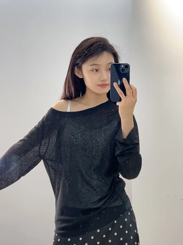 极简风长袖拼接轻职风透气T恤ins黑色显瘦百搭时尚修身气质性感