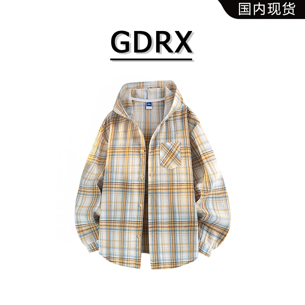 GDRX日系复古格子长袖衬衫男2025秋季新款时尚宽松连帽衬衣外套