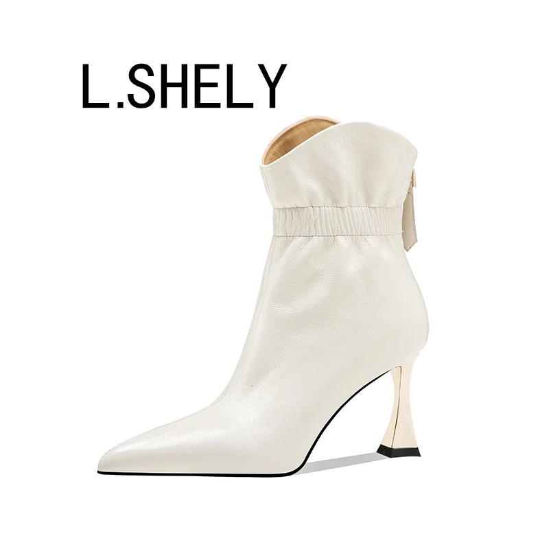 【10英寸】秋冬优雅风格细高跟白色尖头法式短筒靴后拉链气质时尚女