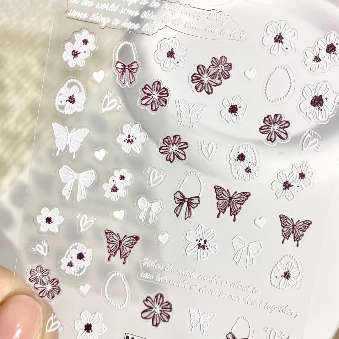 简约蝴蝶结小白花立体浮雕美甲贴纸镂空蝴蝶防水背胶指甲装饰贴