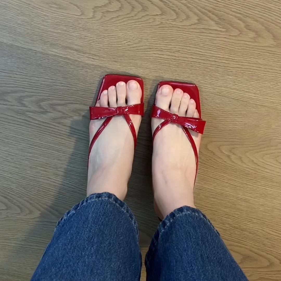 拖鞋清新夏日~ 夏季极简蝴蝶结方头细跟拖鞋新款拖鞋通勤气质女款