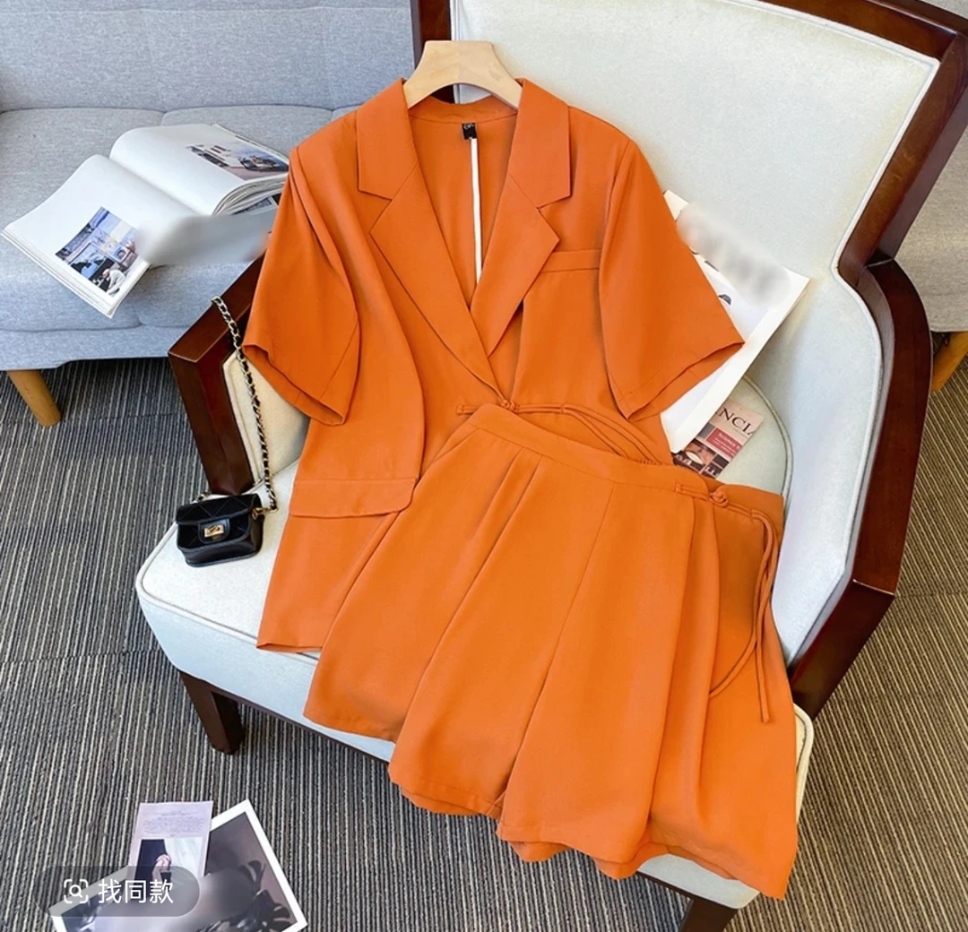 1342（23）夏季新款胖mm短袖西装大码西服外套搭配宽松短裤套装