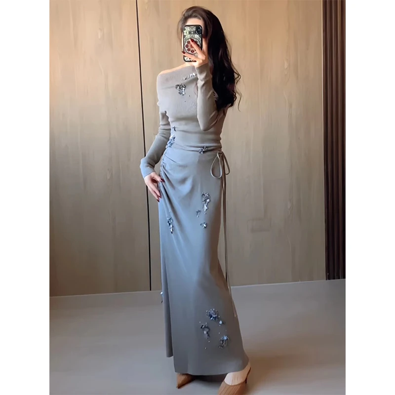 绝美高级小礼服小众不撞款重工钉珠花朵生日裙法式斜肩针织连衣裙