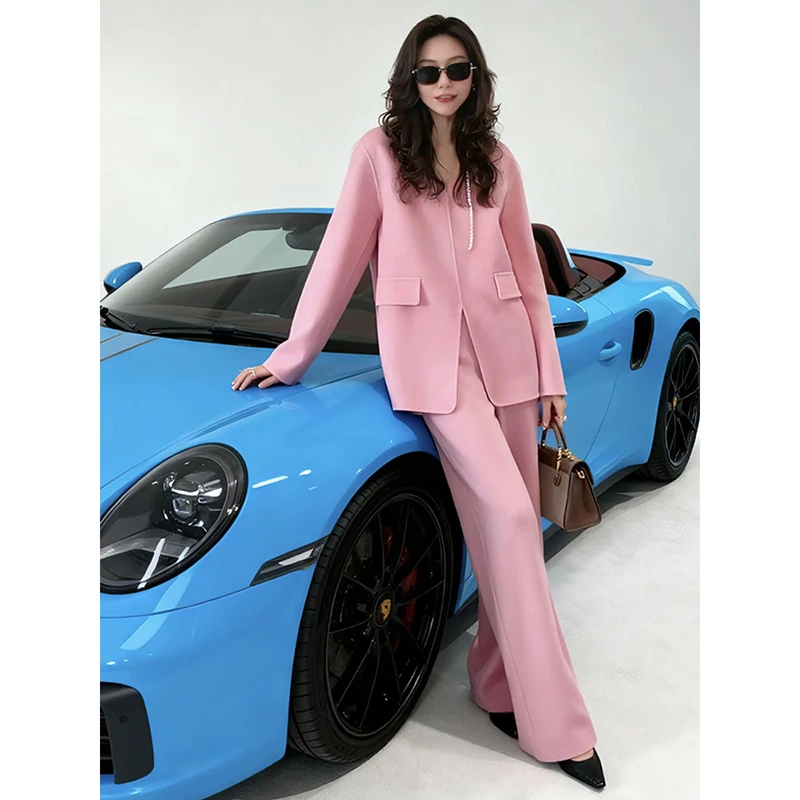 盐系轻熟休闲时尚套装女2025秋洋气粉色v领长袖上衣阔腿裤两件套