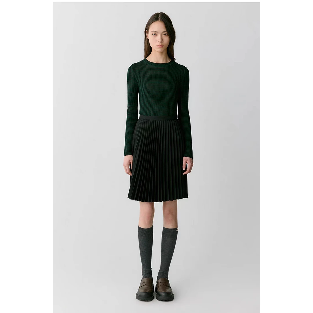 亦雯【黑标泡芙】2025春季新款毛弹细斜纹百褶中长半身裙女士