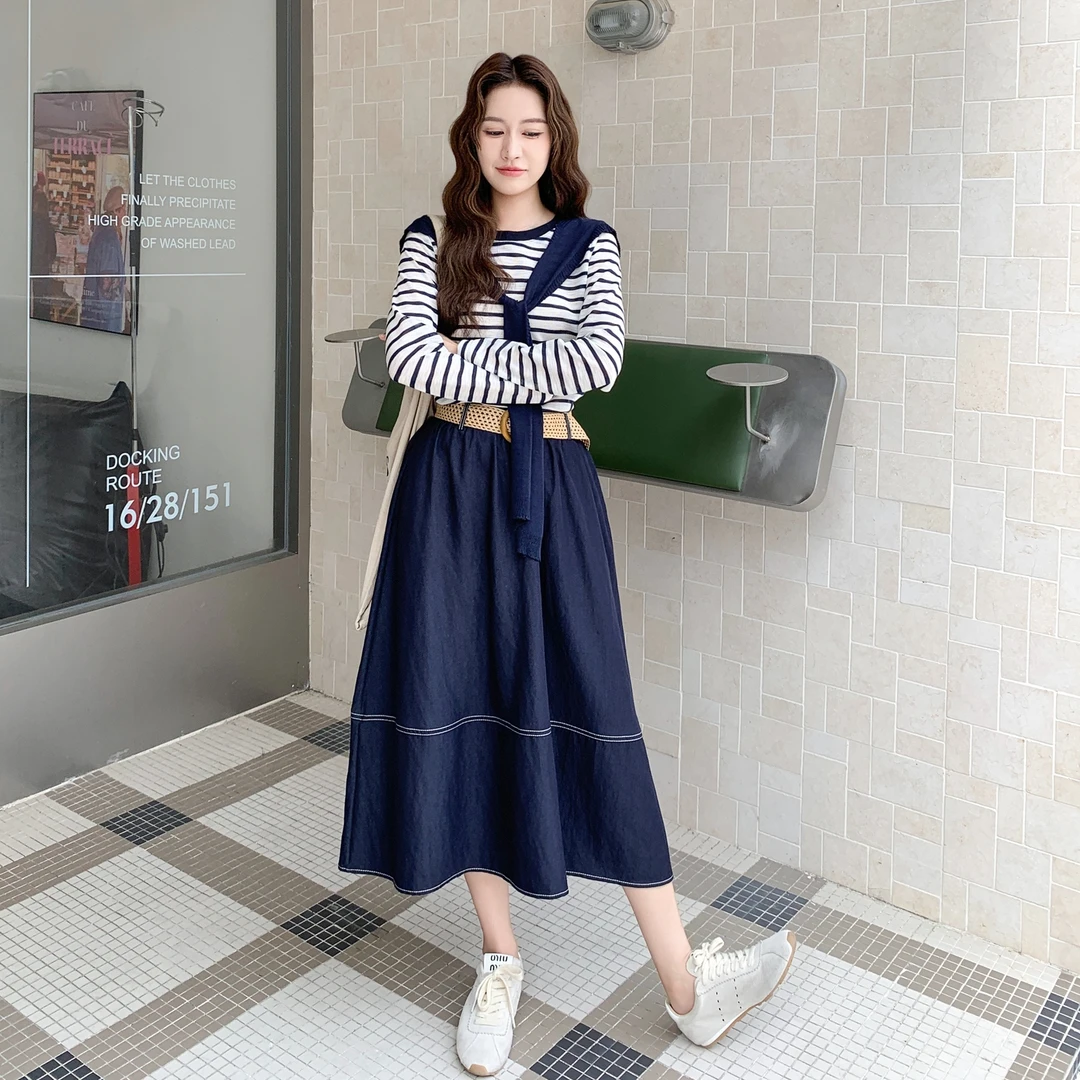 韩系学院风休闲披肩条纹T恤套装裙女2025年春秋高腰半身裙三件套