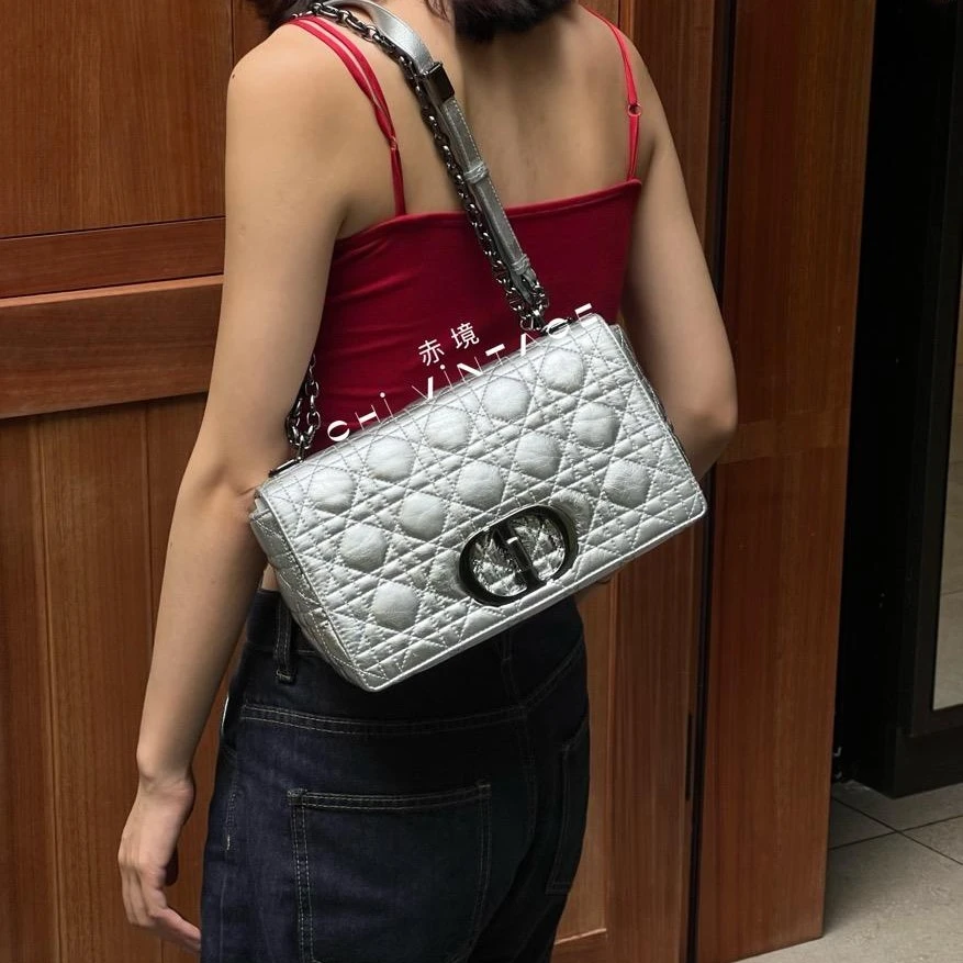99新 DIOR/迪奥 1709 银色黑扣藤格纹caro单肩包中号21