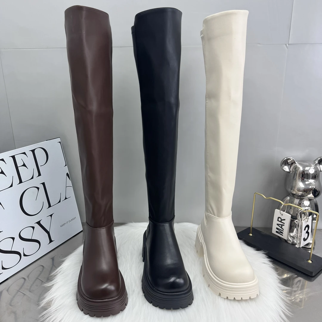 黑色米色高筒粗跟厚底骑士靴女款2025新款秋冬季英伦风增高过膝靴