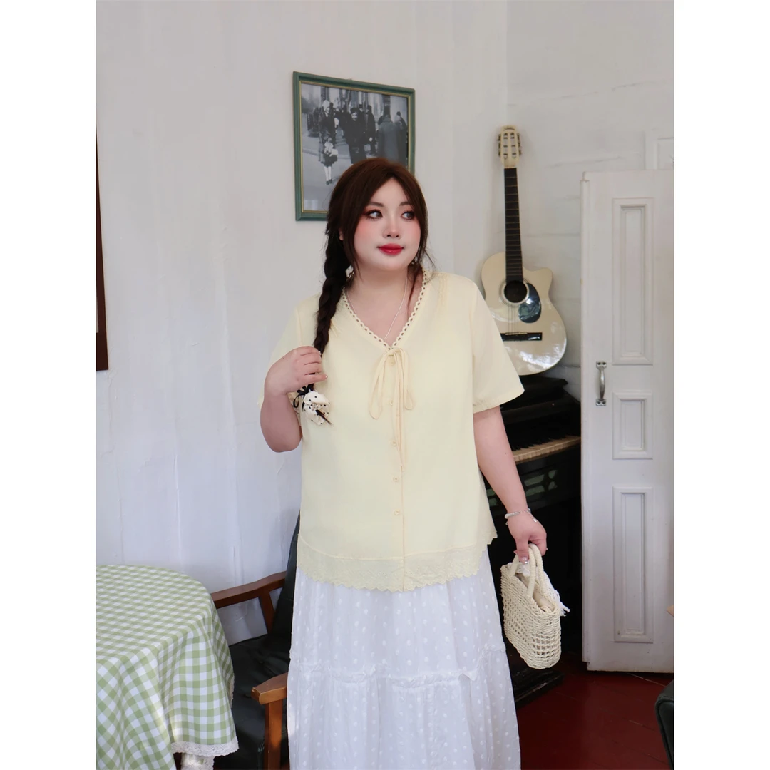 花田信笺 / 设计感别致系带蕾丝短袖衬衫14872花契大码200斤胖mm