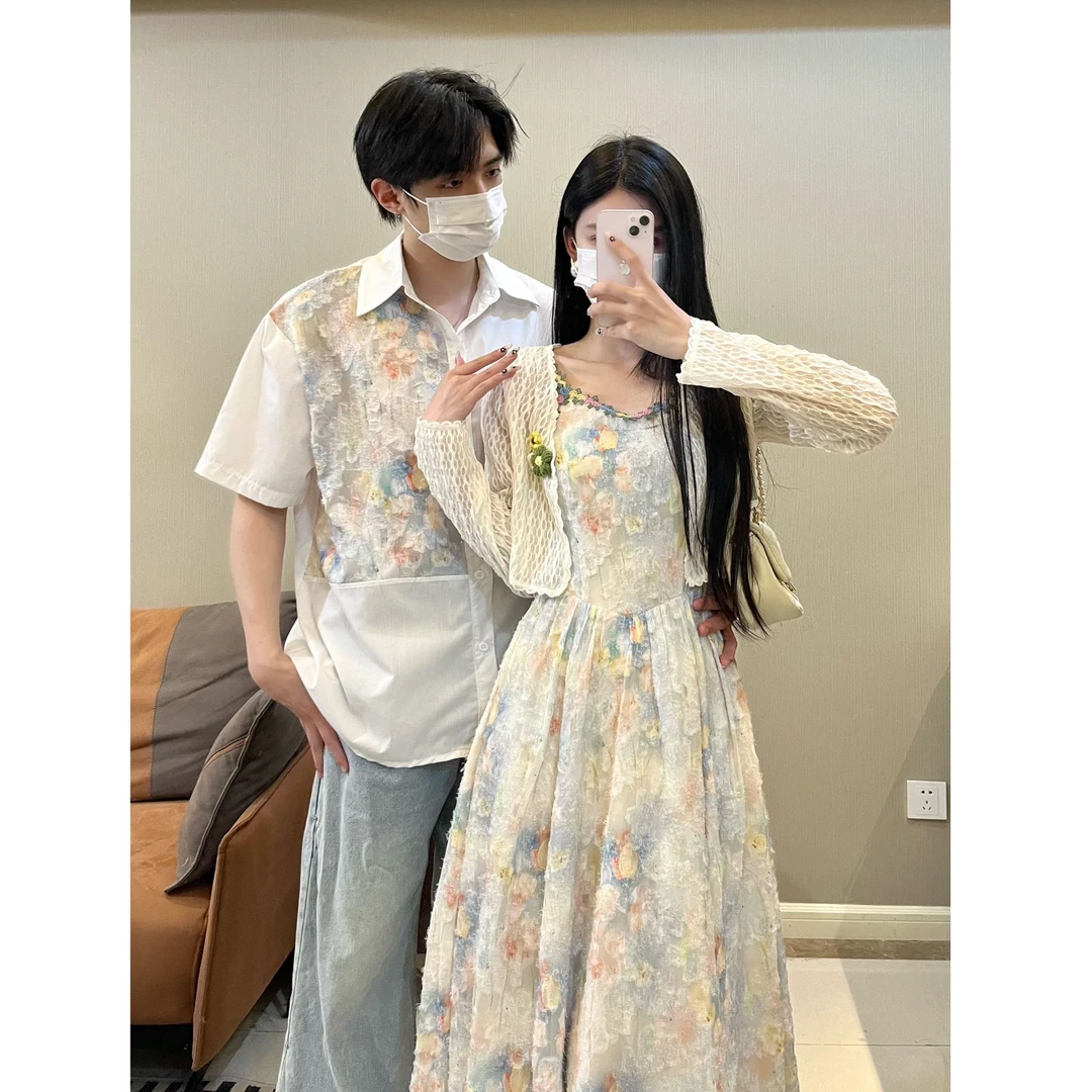小众设计感情侣装夏季韩版短袖衬衫男女连衣裙法式一裙一衣ins潮
