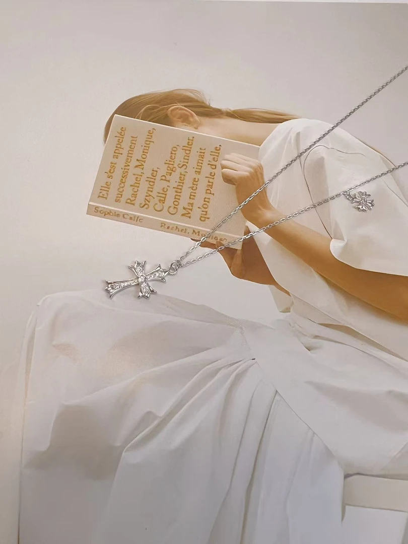 坠链均925银锆石 银925 轻奢时尚克罗心十字架 小花款项链