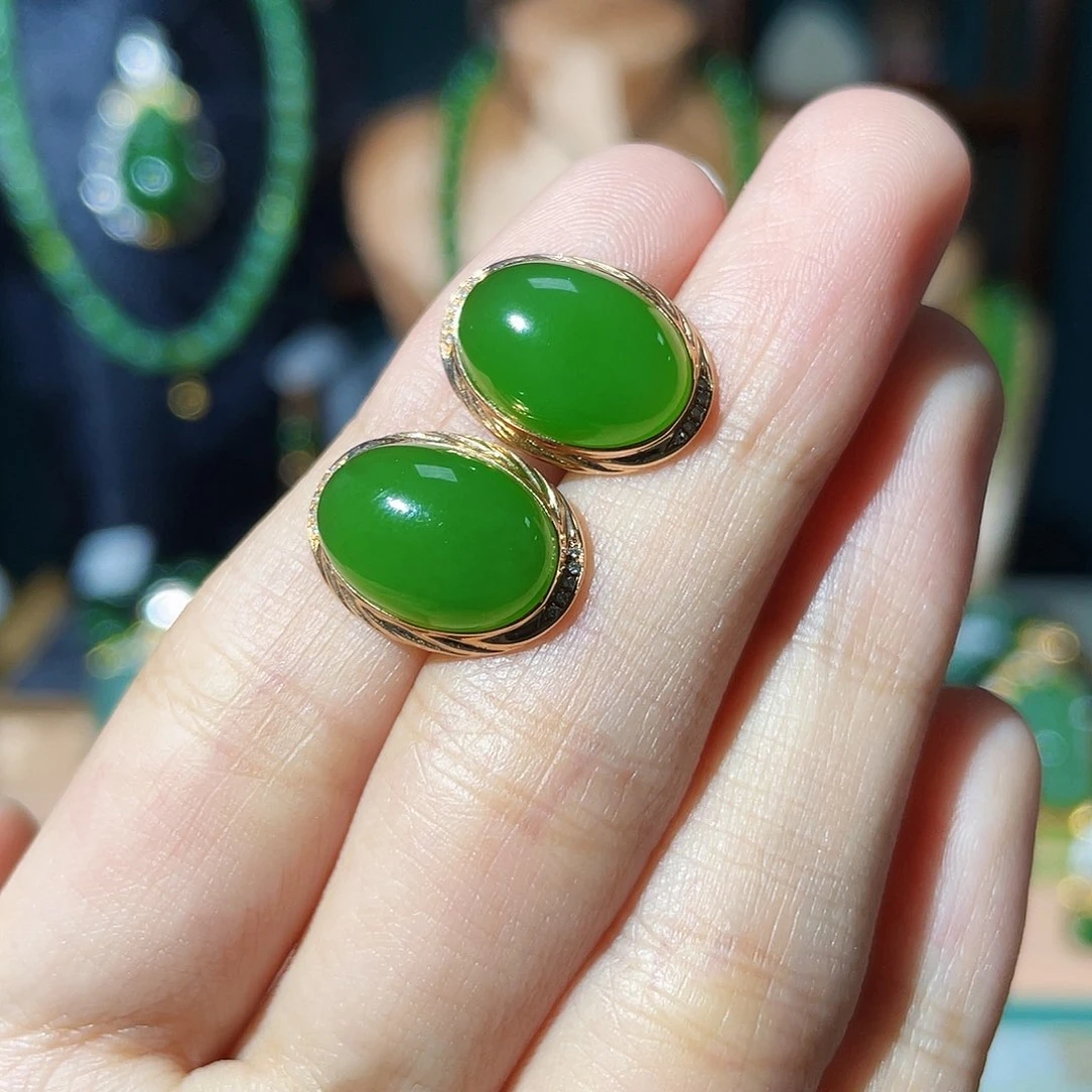 和田玉（碧玉）18K金镶嵌颈饰耳钉