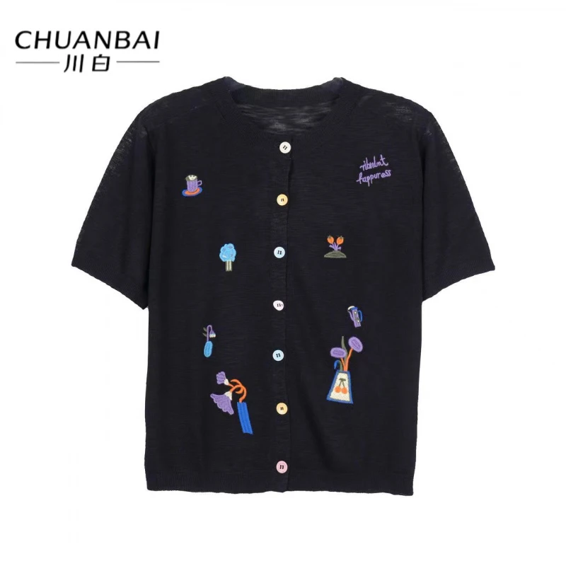 CHUANBAI 川白夏季新款圆领刺绣时尚短袖简约轻奢针织开衫
