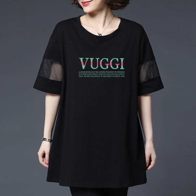 夏季新款网纱短袖拼接中长款t恤女宽松大码遮肚显瘦中年妈妈上衣