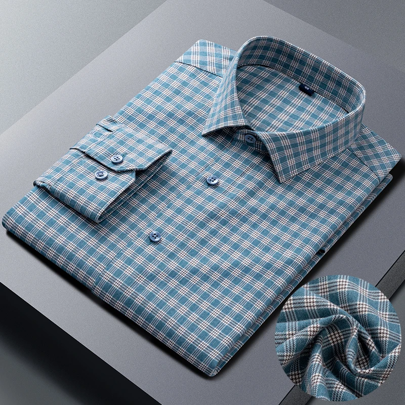 秋季纯棉磨毛男士长袖衬衫商务休闲格子百搭中青年全棉春秋衬衣