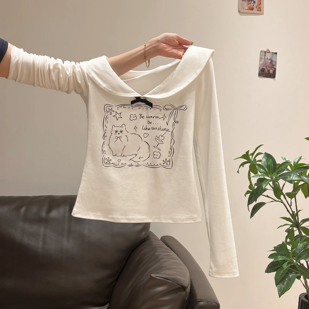 时尚甜美娃娃领蝴蝶结设计感长袖T恤女夏季新款修身显瘦防晒上衣