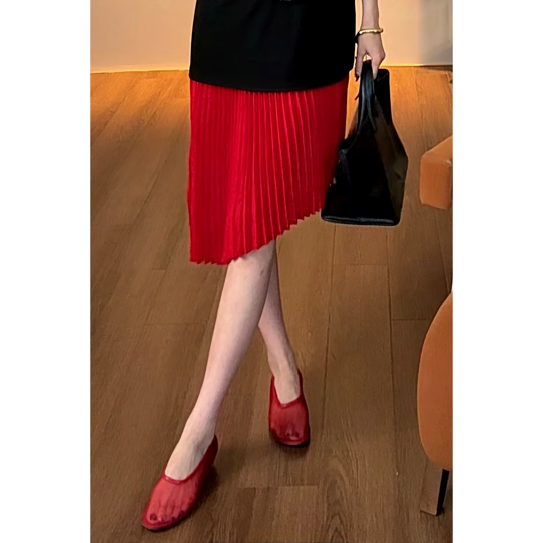 紫紫 风琴裙（松紧腰）时尚设计感不规则百褶红色半身裙ZD02BZHJ790