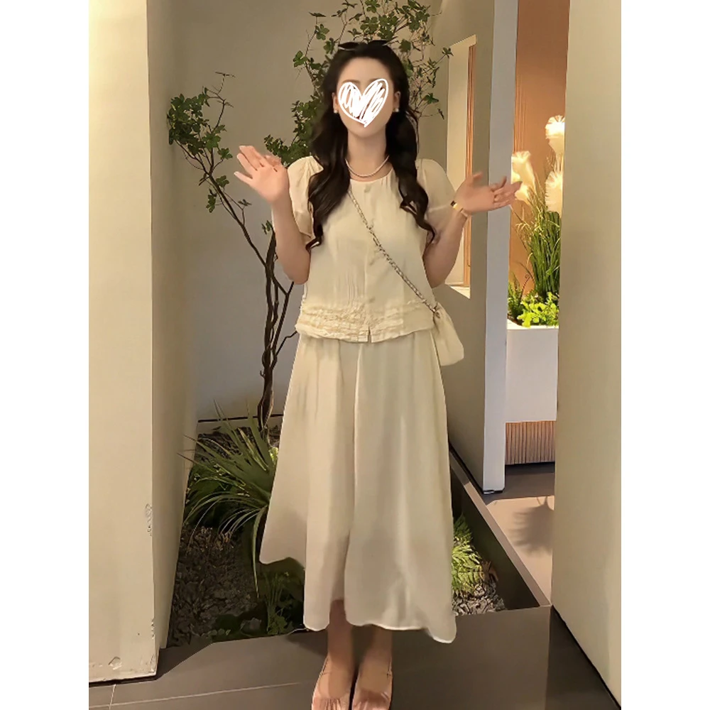 2025夏季韩系千金风月光裙高级感杏色两件套裙千金清冷感贵系衣服