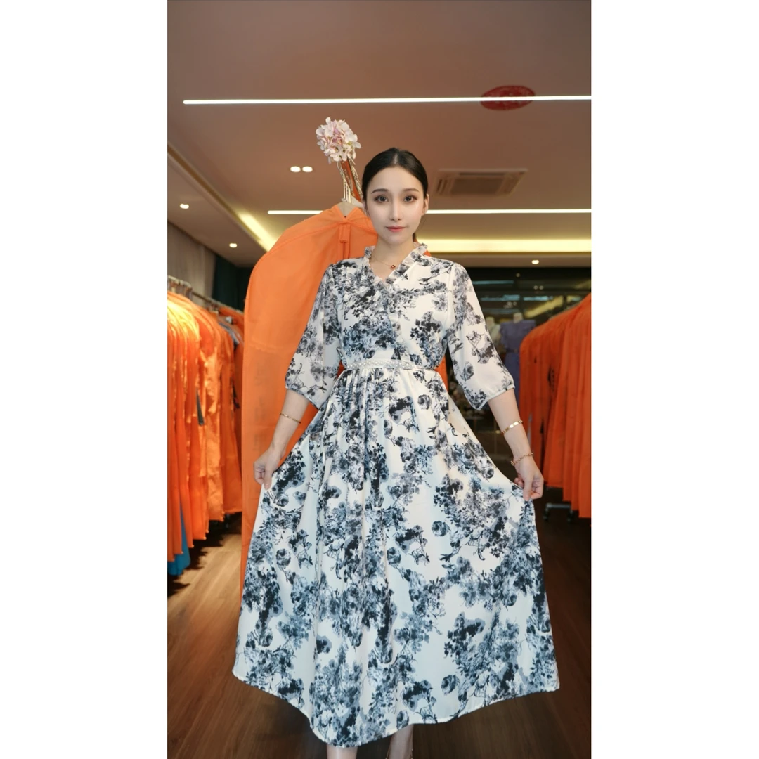 【商场高货】 水墨江南过膝时尚收腰气质女装连衣裙6238