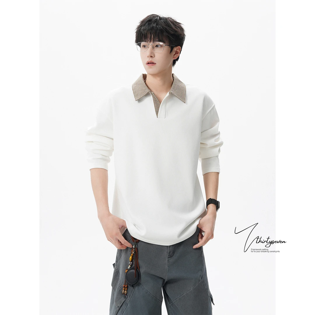 V37老风千鸟格纹POLO领卫衣男秋季美式潮牌设计感长袖打底衫T恤