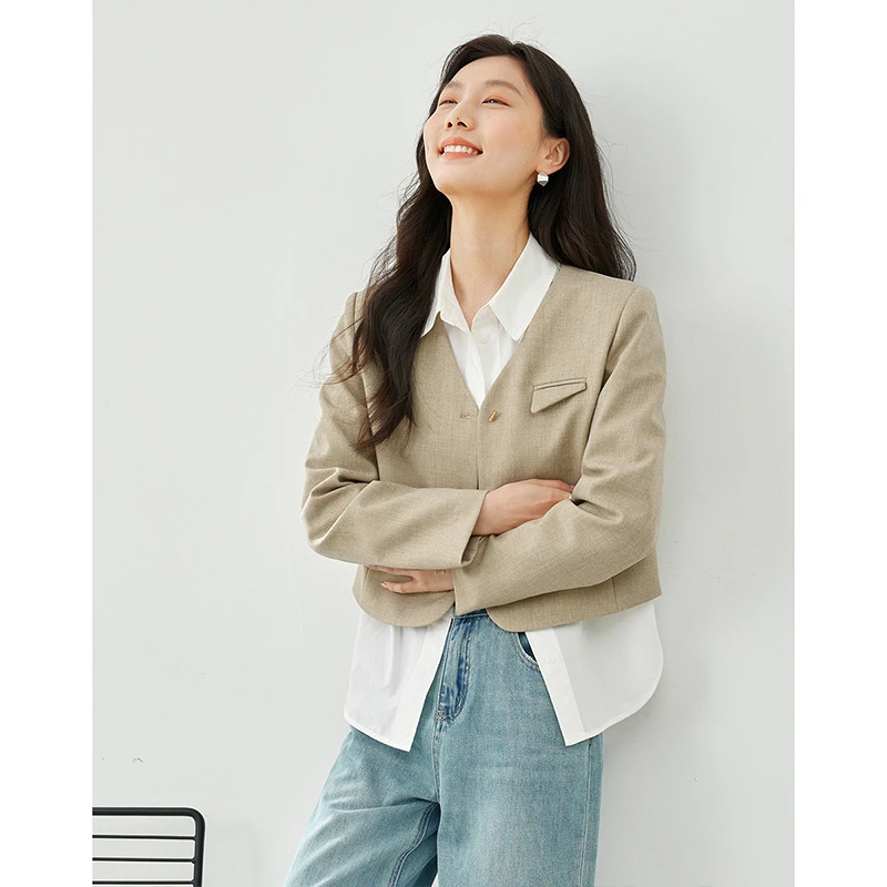 *优雅气质通勤外套2025年新品宽松显瘦V领开衫小西服M5587