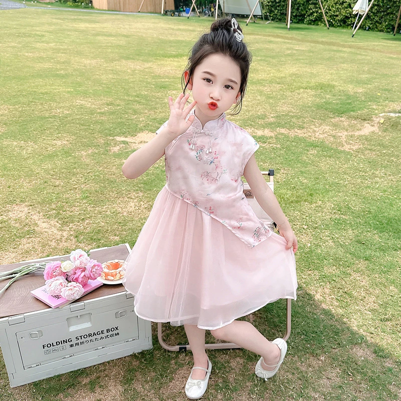 女童连衣裙夏季中国风汉服旗袍裙无袖背心裙女孩夏款新中式公主裙