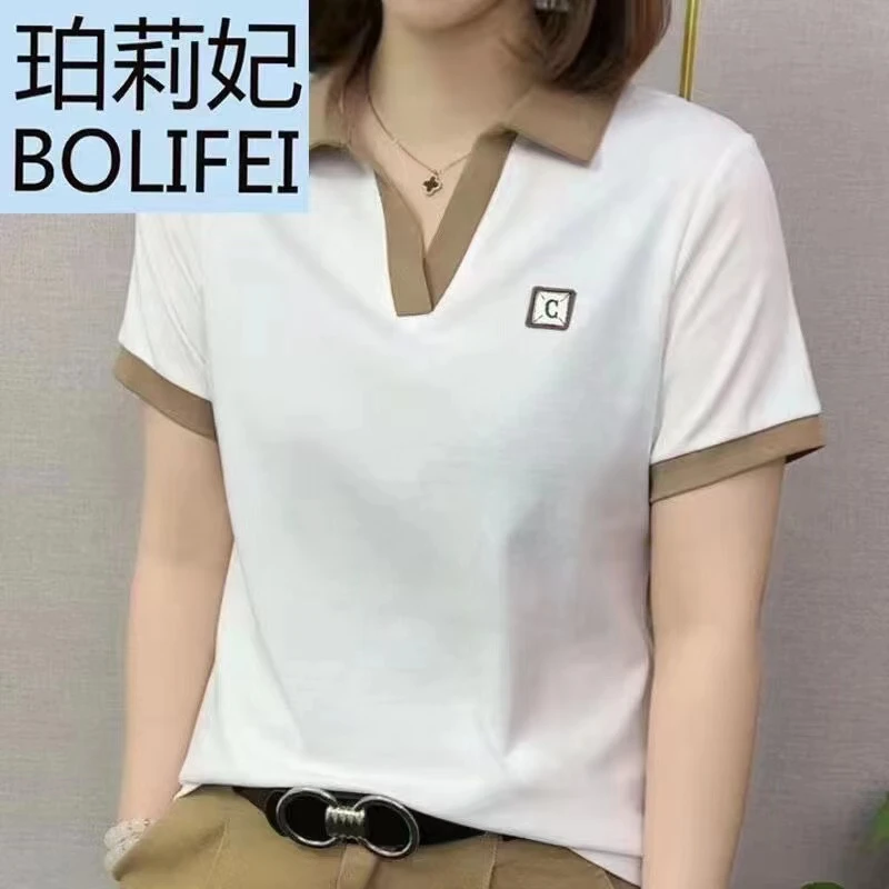 823白色夏季简约百搭时尚洋气纯色翻领短袖T恤女上衣POLO小衫