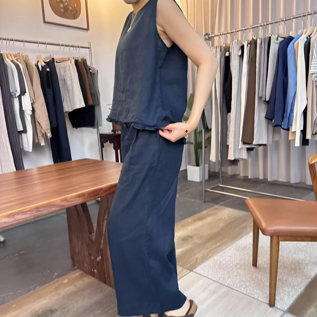 sugiseolryeon【锦沄】夏季纯亚麻花边背心套装女阔腿裤套装
